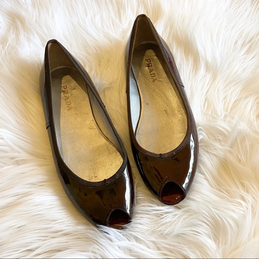 Prada High Gloss Patent Round toe Peep Toe Flats